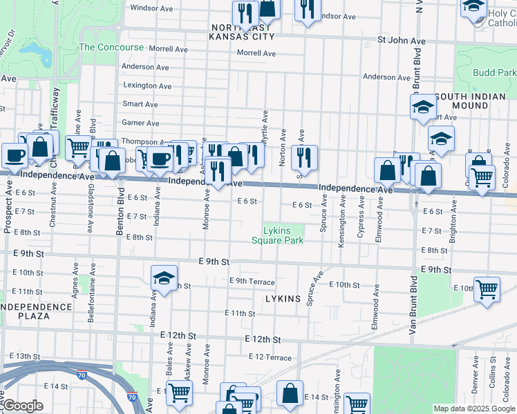 map of restaurants, bars, coffee shops, grocery stores, and more near 3826 East 6 Street in Kansas City