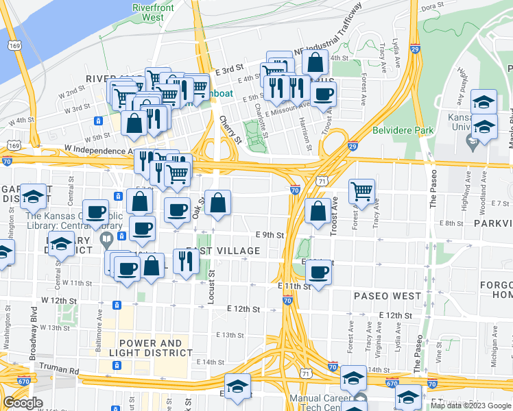 map of restaurants, bars, coffee shops, grocery stores, and more near 600 East 8th Street in Kansas City