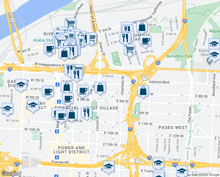 map of restaurants, bars, coffee shops, grocery stores, and more near 600 East 8th Street in Kansas City