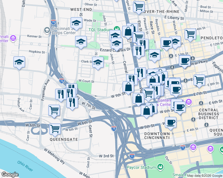 map of restaurants, bars, coffee shops, grocery stores, and more near 936 Mound Street in Cincinnati