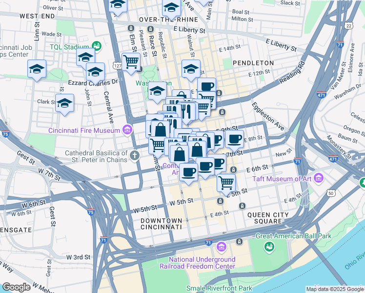 map of restaurants, bars, coffee shops, grocery stores, and more near 22 Garfield Place in Cincinnati