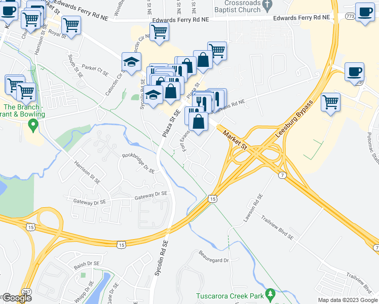 map of restaurants, bars, coffee shops, grocery stores, and more near 108 Fort Evans Road Southeast in Leesburg