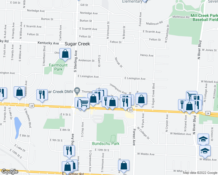 map of restaurants, bars, coffee shops, grocery stores, and more near 11501 East Thompson Street in Sugar Creek
