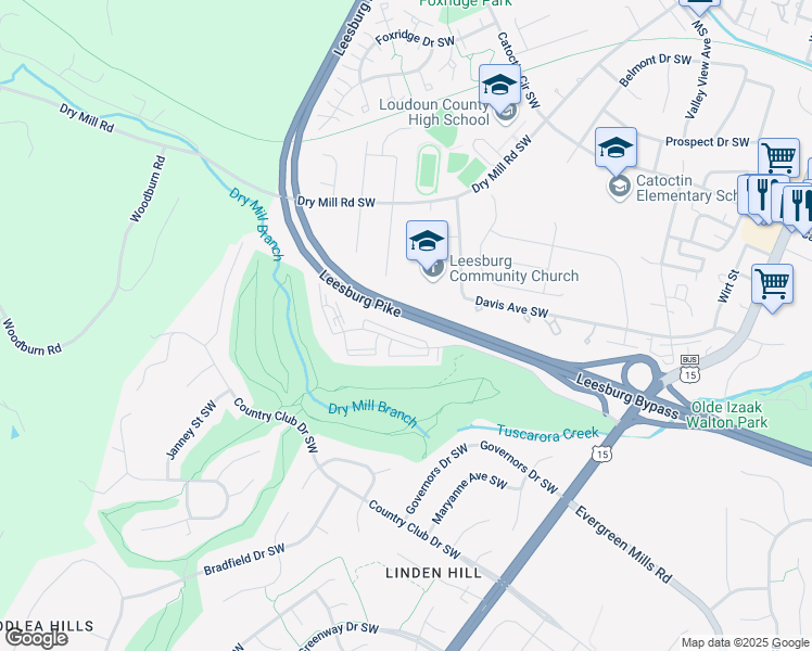 map of restaurants, bars, coffee shops, grocery stores, and more near 125 Clubhouse Drive Southwest in Leesburg