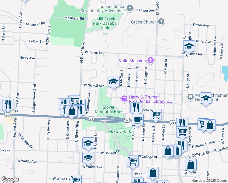 map of restaurants, bars, coffee shops, grocery stores, and more near 600 West Mechanic Avenue in Independence