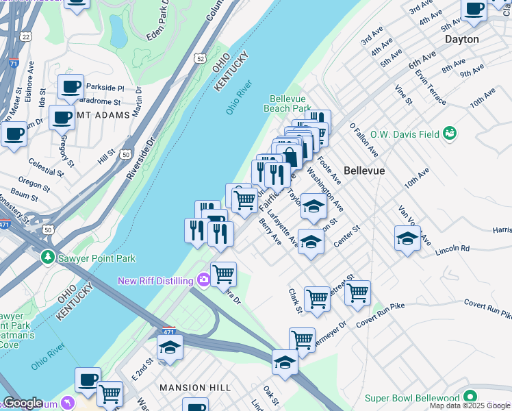 map of restaurants, bars, coffee shops, grocery stores, and more near 124 Lafayette Avenue in Bellevue