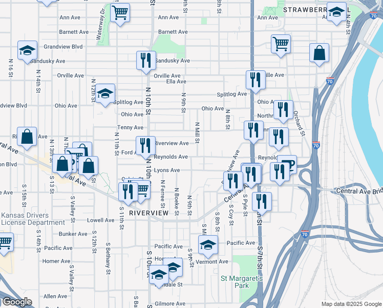 map of restaurants, bars, coffee shops, grocery stores, and more near 908 Reynolds Avenue in Kansas City