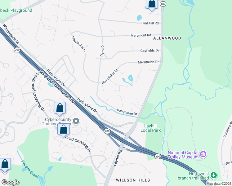 map of restaurants, bars, coffee shops, grocery stores, and more near 15300 Morningmist Lane in Silver Spring