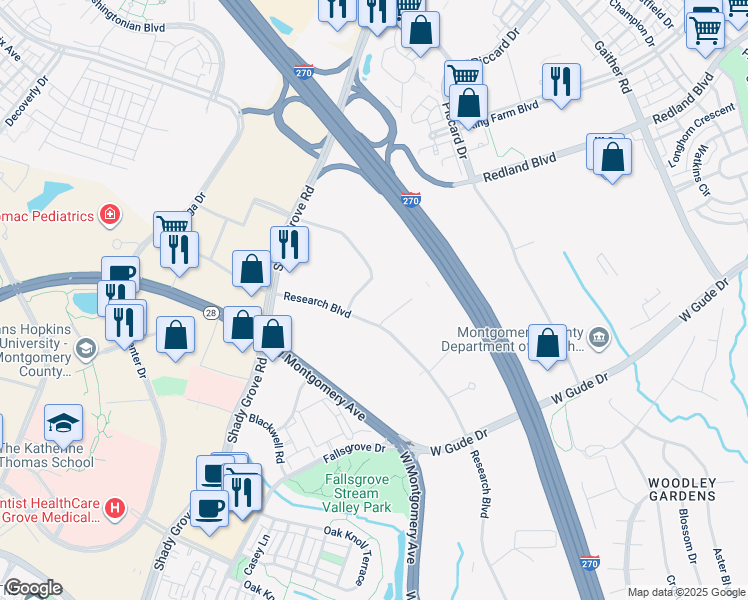 map of restaurants, bars, coffee shops, grocery stores, and more near 5 Research Place in Rockville