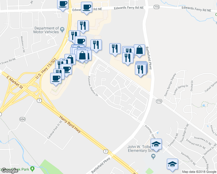 map of restaurants, bars, coffee shops, grocery stores, and more near 418 Ginkgo Terrace Northeast in Leesburg