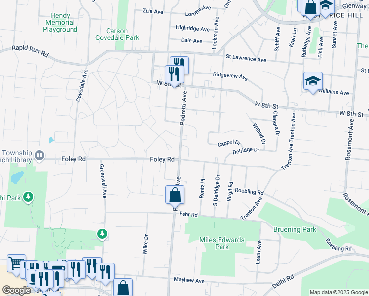 map of restaurants, bars, coffee shops, grocery stores, and more near 634 Pedretti Avenue in Cincinnati