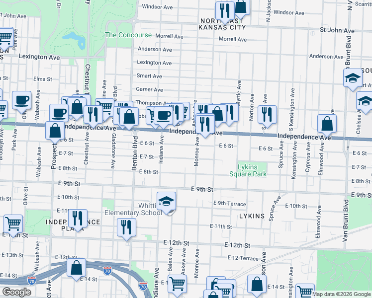 map of restaurants, bars, coffee shops, grocery stores, and more near 3429 East 6 Street in Kansas City