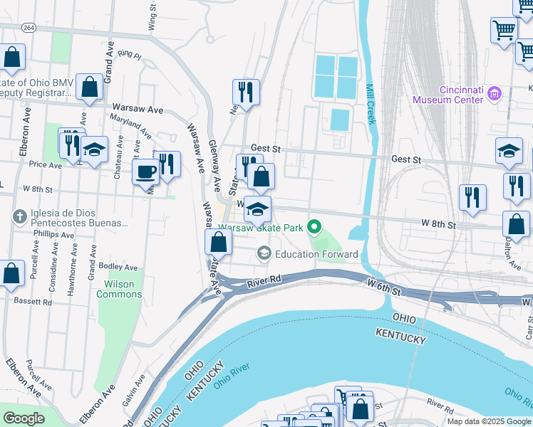 map of restaurants, bars, coffee shops, grocery stores, and more near 2105 West 8th Street in Cincinnati