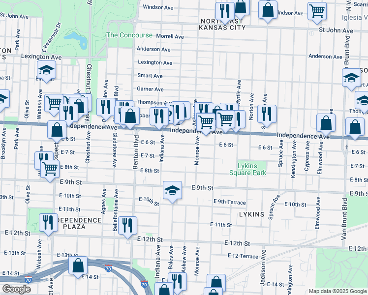 map of restaurants, bars, coffee shops, grocery stores, and more near 3429 East 6 Street in Kansas City