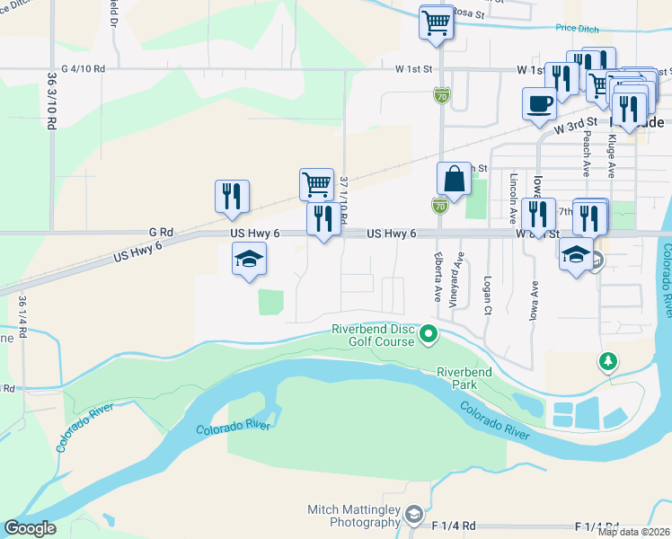 map of restaurants, bars, coffee shops, grocery stores, and more near 825-835 Shiraz Drive in Palisade