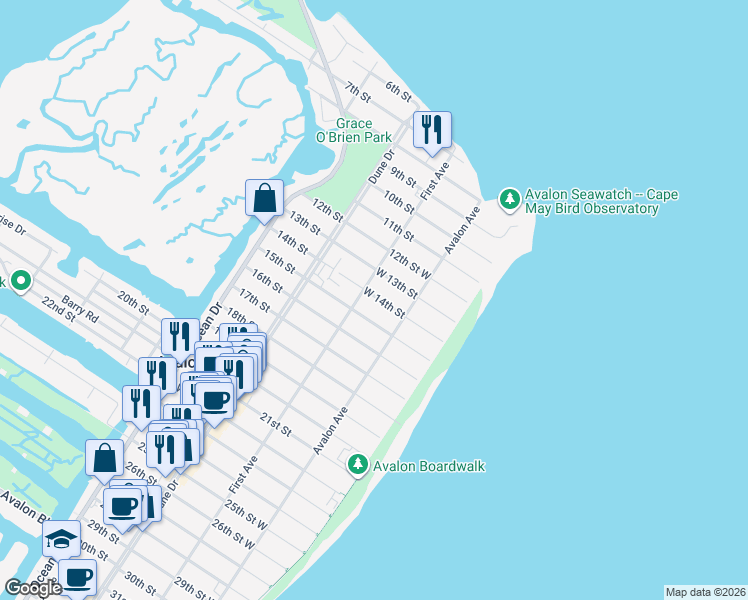 map of restaurants, bars, coffee shops, grocery stores, and more near 1400 First Avenue in Avalon