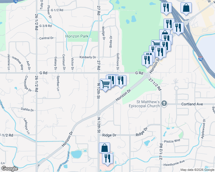 map of restaurants, bars, coffee shops, grocery stores, and more near 1207 Club Court in Grand Junction