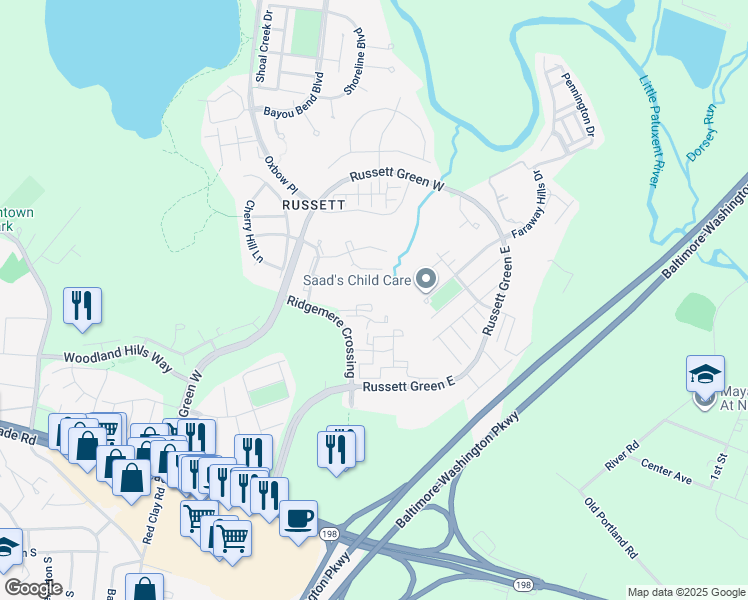 map of restaurants, bars, coffee shops, grocery stores, and more near 3406 Bitterwood Place in Laurel