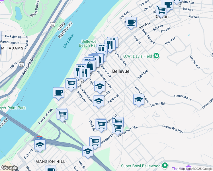 map of restaurants, bars, coffee shops, grocery stores, and more near 333 Poplar Street in Bellevue