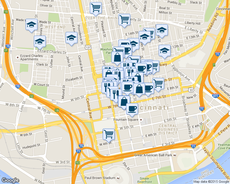 map of restaurants, bars, coffee shops, grocery stores, and more near 109 West 9th Street in Cincinnati