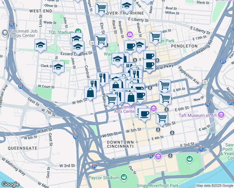 map of restaurants, bars, coffee shops, grocery stores, and more near 90 West 9th Street in Cincinnati