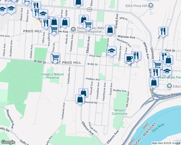 map of restaurants, bars, coffee shops, grocery stores, and more near 728 Elberon Avenue in Cincinnati