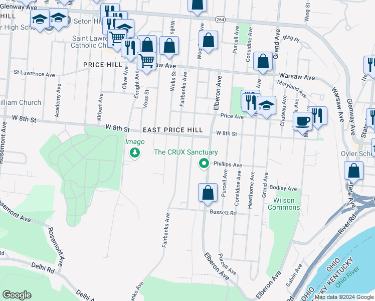 map of restaurants, bars, coffee shops, grocery stores, and more near 736 Fairbanks Avenue in Cincinnati