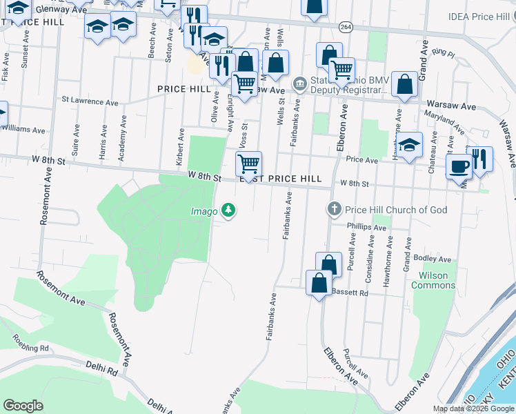 map of restaurants, bars, coffee shops, grocery stores, and more near 739 McPherson Avenue in Cincinnati