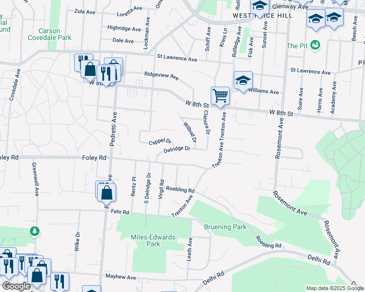 map of restaurants, bars, coffee shops, grocery stores, and more near 4270 Delridge Drive in Cincinnati