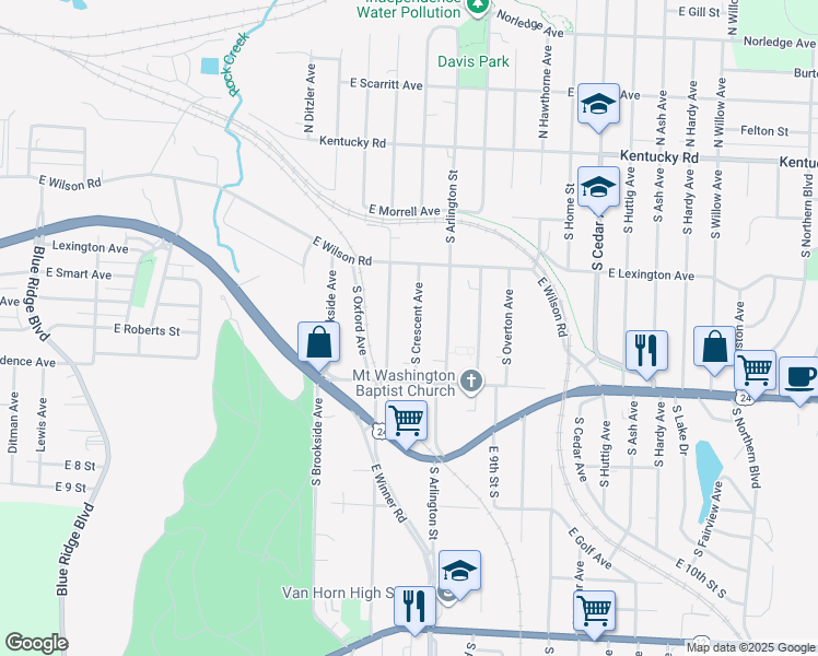 map of restaurants, bars, coffee shops, grocery stores, and more near 547 South Glenwood Avenue in Independence