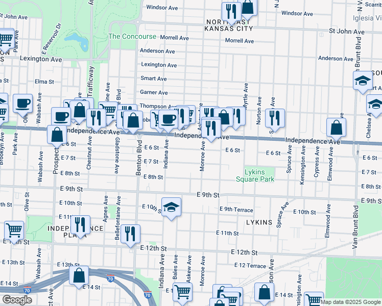 map of restaurants, bars, coffee shops, grocery stores, and more near 3429 East 6 Street in Kansas City