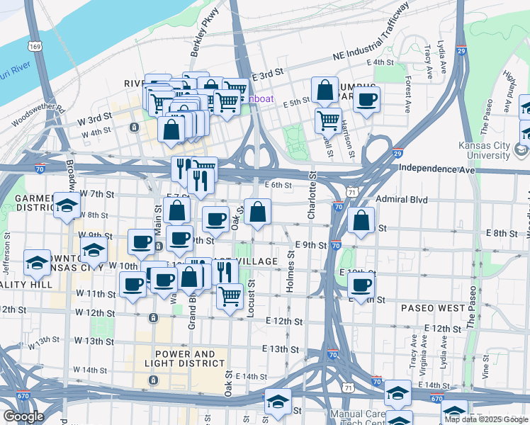 map of restaurants, bars, coffee shops, grocery stores, and more near in Kansas City