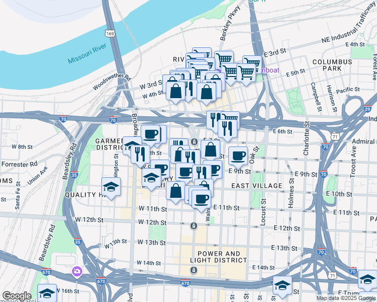 map of restaurants, bars, coffee shops, grocery stores, and more near 720 Main Street in Kansas City