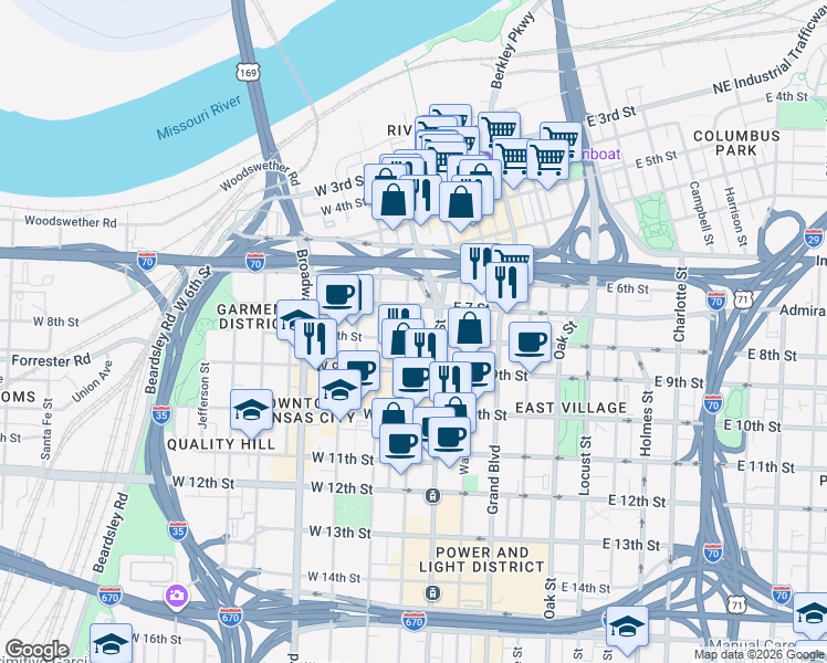 map of restaurants, bars, coffee shops, grocery stores, and more near 720 Main Street in Kansas City