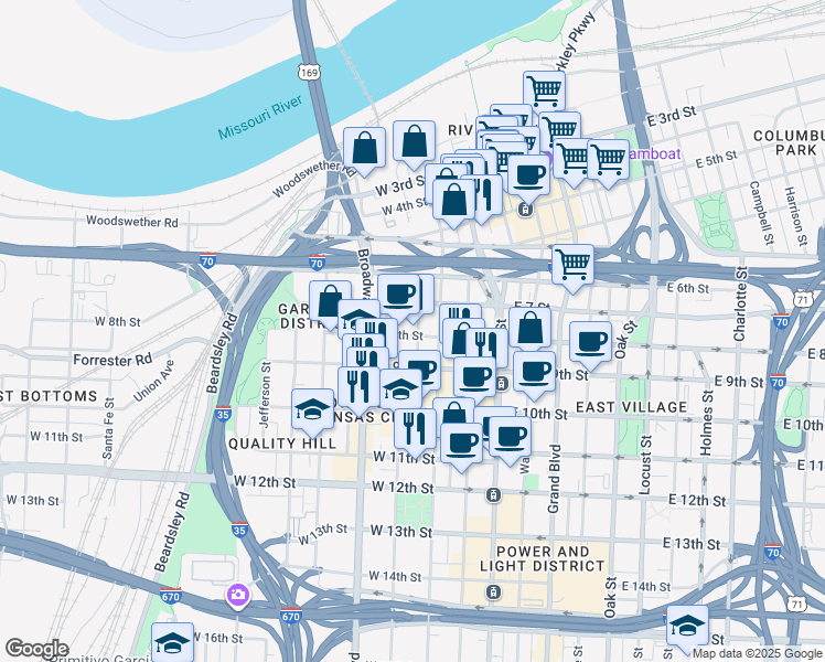 map of restaurants, bars, coffee shops, grocery stores, and more near 716 May Street in Kansas City