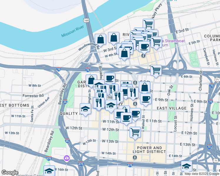 map of restaurants, bars, coffee shops, grocery stores, and more near 716 May Street in Kansas City