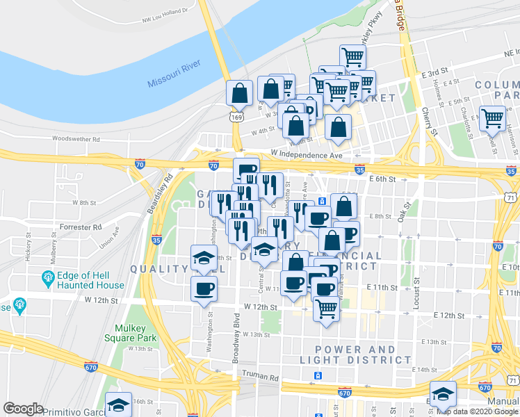 map of restaurants, bars, coffee shops, grocery stores, and more near 716 May Street in Kansas City