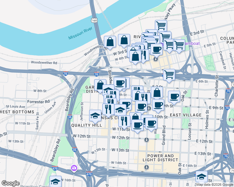 map of restaurants, bars, coffee shops, grocery stores, and more near 716 May Street in Kansas City