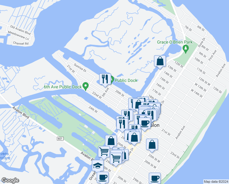 map of restaurants, bars, coffee shops, grocery stores, and more near 445 20th Street in Avalon