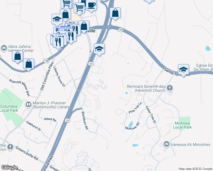 map of restaurants, bars, coffee shops, grocery stores, and more near 3918 Blackburn Lane in Burtonsville