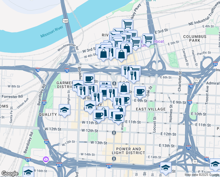 map of restaurants, bars, coffee shops, grocery stores, and more near 720 Main Street in Kansas City
