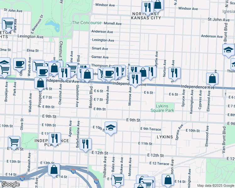 map of restaurants, bars, coffee shops, grocery stores, and more near 3429 East 6 Street in Kansas City