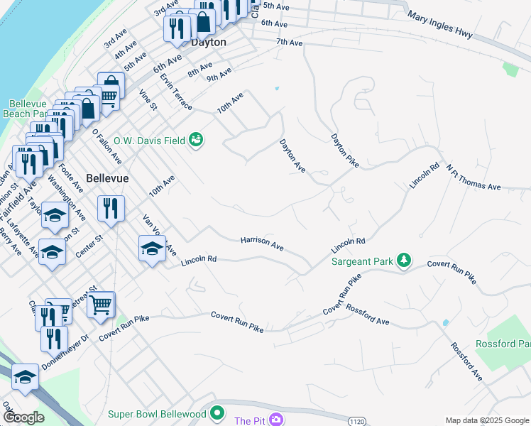 map of restaurants, bars, coffee shops, grocery stores, and more near 168 Grant Park Drive in Dayton