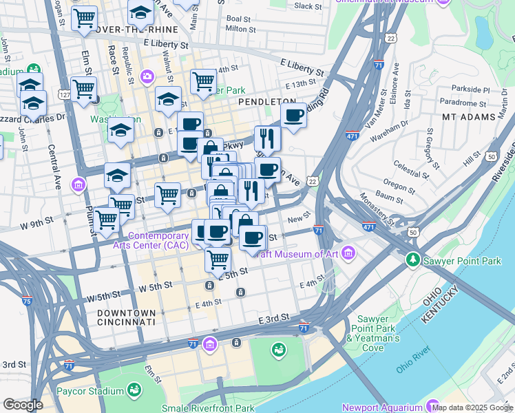 map of restaurants, bars, coffee shops, grocery stores, and more near 716 Sycamore Street in Cincinnati