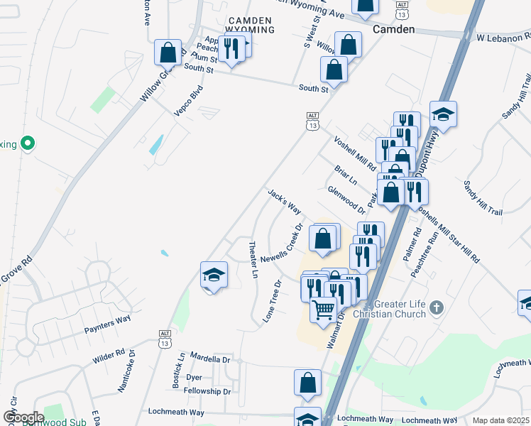 map of restaurants, bars, coffee shops, grocery stores, and more near 65 Theater Lane in Camden