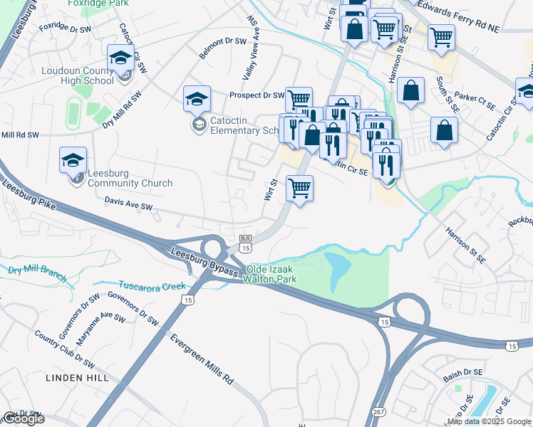 map of restaurants, bars, coffee shops, grocery stores, and more near 8 Davis Avenue Southwest in Leesburg
