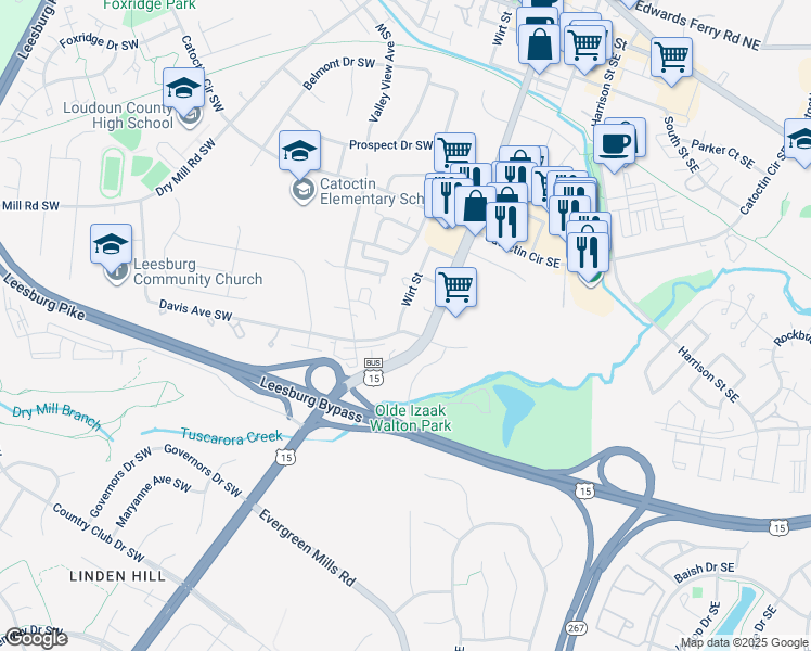 map of restaurants, bars, coffee shops, grocery stores, and more near 8 Davis Avenue Southwest in Leesburg