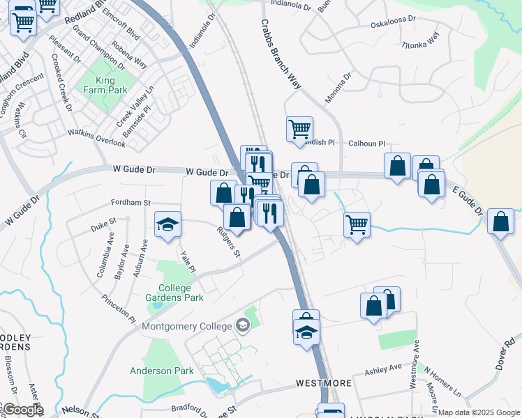 map of restaurants, bars, coffee shops, grocery stores, and more near 16100 Frederick Road in Rockville