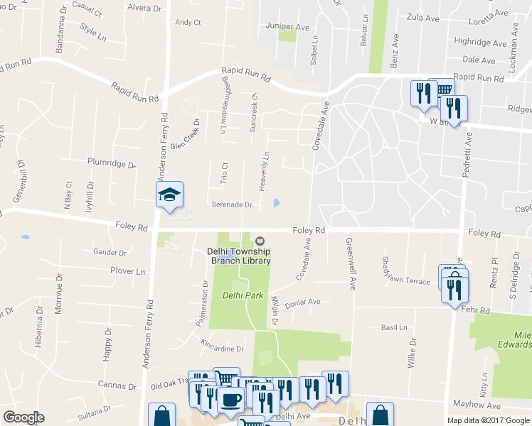 map of restaurants, bars, coffee shops, grocery stores, and more near 632 Heavenly Lane in Cincinnati