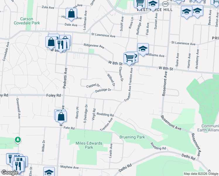 map of restaurants, bars, coffee shops, grocery stores, and more near 4260 Delridge Drive in Cincinnati